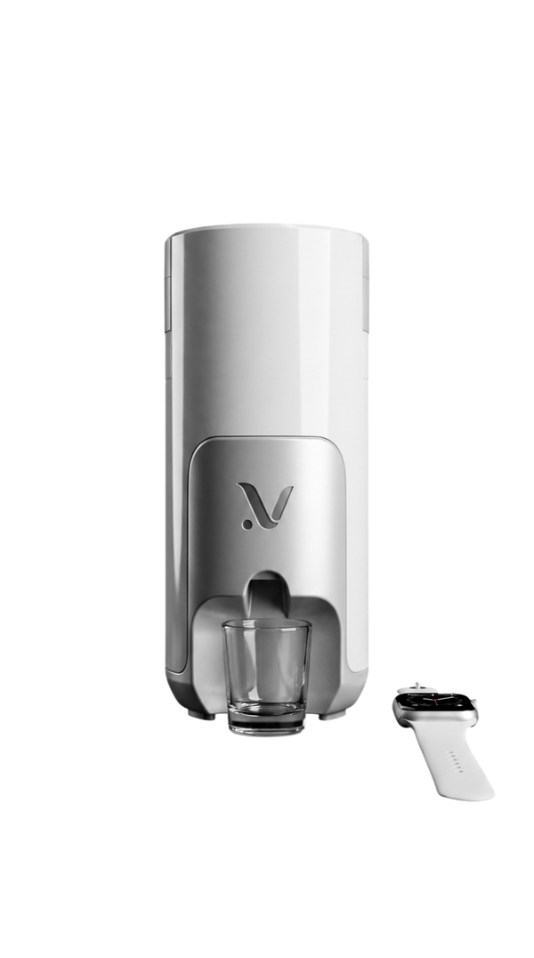 The VION dispenser seen from the front, cut out on white, with a glass in the dispensing bay