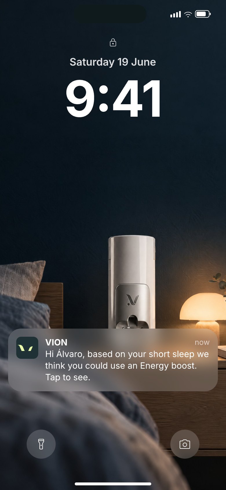 VION notification on the lock screen suggesting an Energy boost