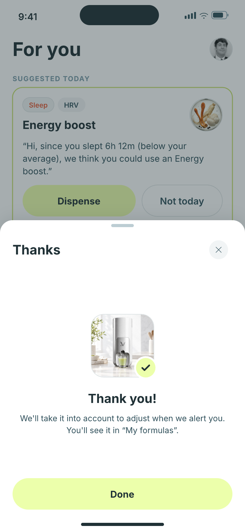 VION app confirming the dose was dispensed